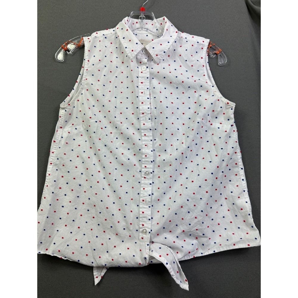 Talbots Petite White Red Blue Clip Dot Tie Front Sleeveless Button Down Shirt SP